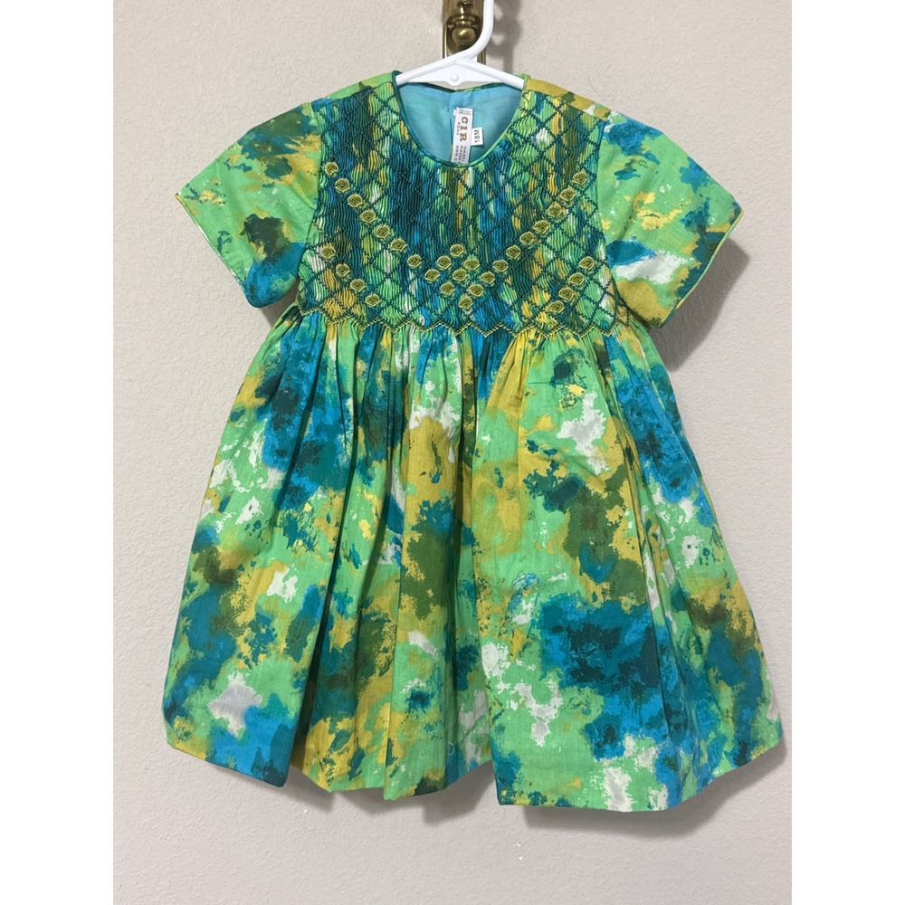 CIR Roma Hand Smocked Dress Kids 18M Green Blue Watercolor Italian Cotton Bow